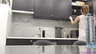 Hot Tight Pussy Petite Girlfriend in the Kitchen with a See Through Dress Shows Pussy and Her Tits Through Her Sexy Outfit