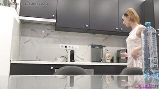 Hot Tight Pussy Petite Girlfriend in the Kitchen with a See Through Dress Shows Pussy and Her Tits Through Her Sexy Outfit