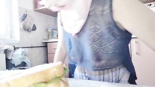Hairy Brunette Pussy, Big Tits, Sensual Hairy Woman in the Kitchen.