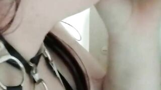 horny fat german in harness blows a black dildo